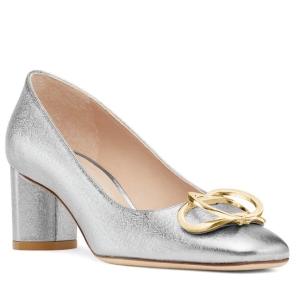 Stuart Weitzman Anicia silver block heel pumps gold hardware 8 38